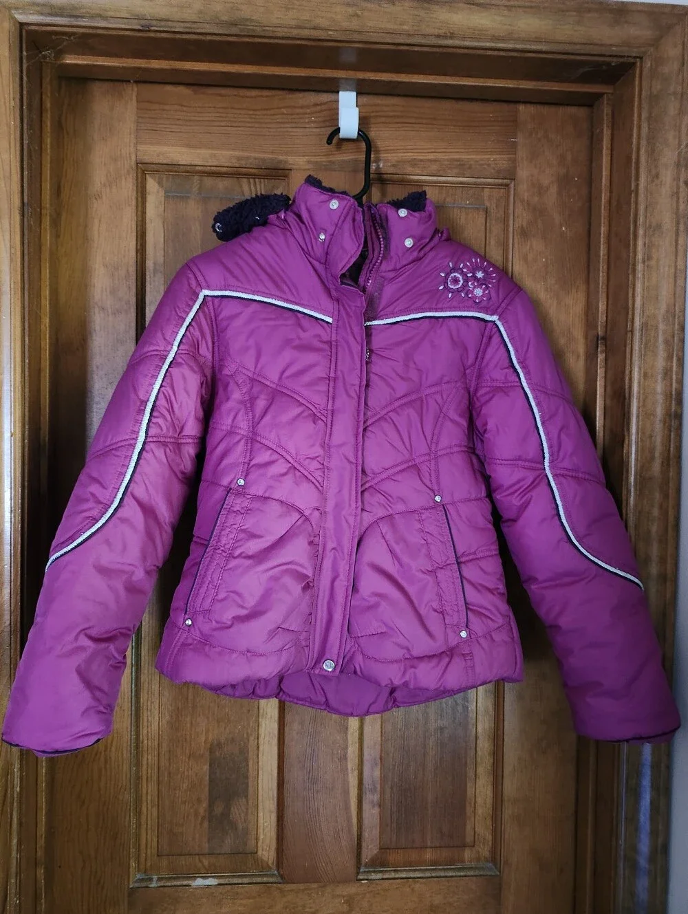 Girls' Pink Puffer Jacket with Embroidered Detail.  Runs small